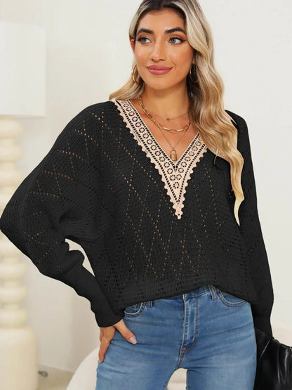 Lace Detail V-Neck Long Sleeve Black Sweater