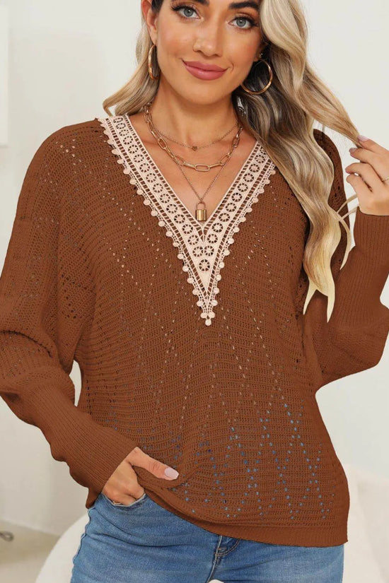 Lace Detail V-Neck Long Sleeve Sweater - IVORYNN