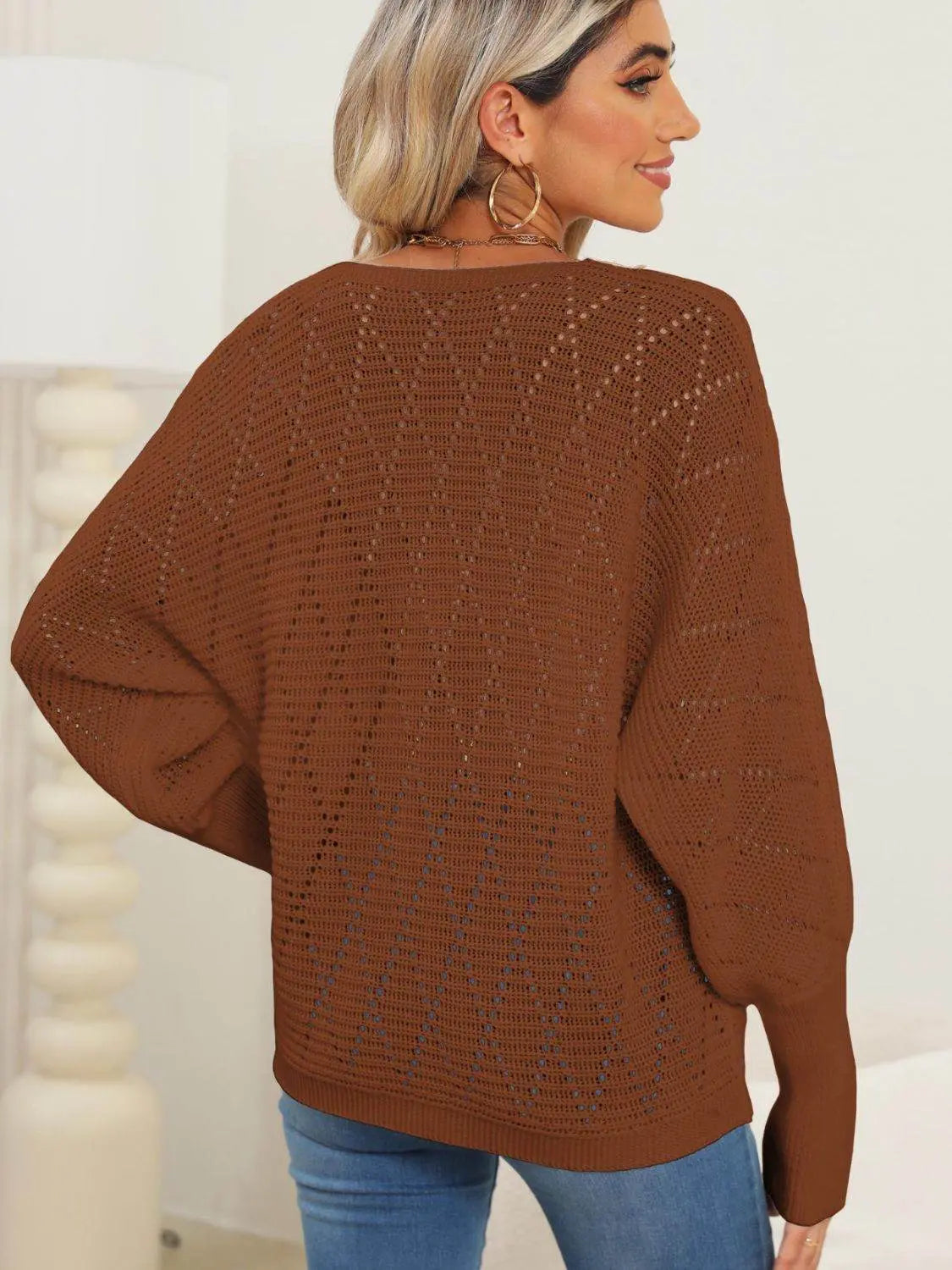 Lace Detail V-Neck Long Sleeve Sweater - IVORYNN