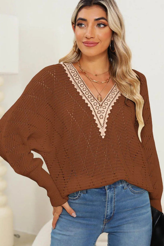 Lace Detail V-Neck Long Sleeve Sweater - IVORYNN