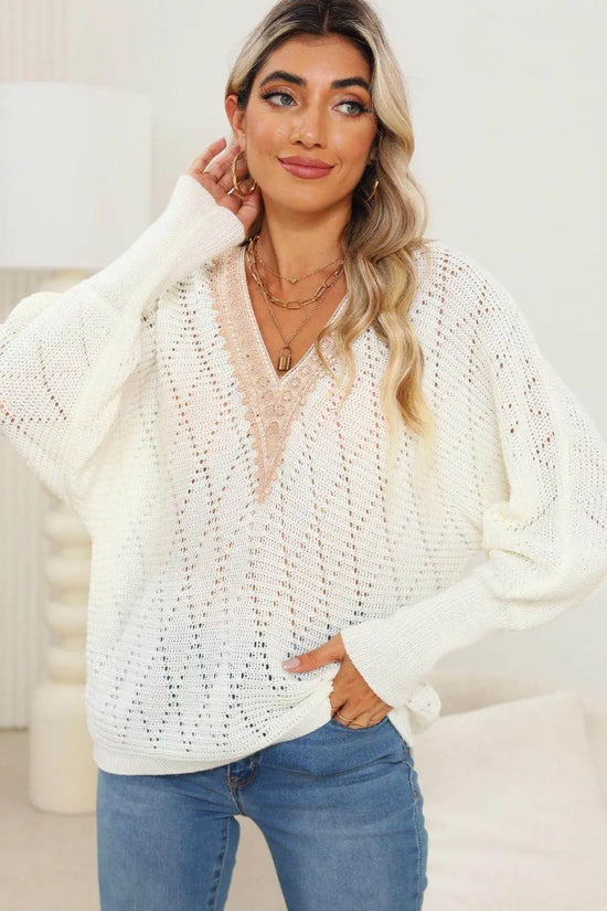 Lace Detail V-Neck Long Sleeve Sweater - IVORYNN