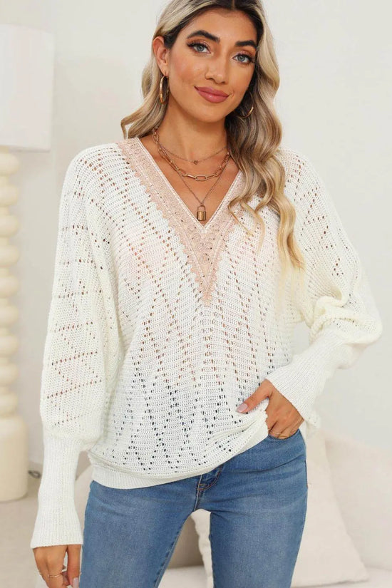 Lace Detail V-Neck Long Sleeve Sweater - IVORYNN