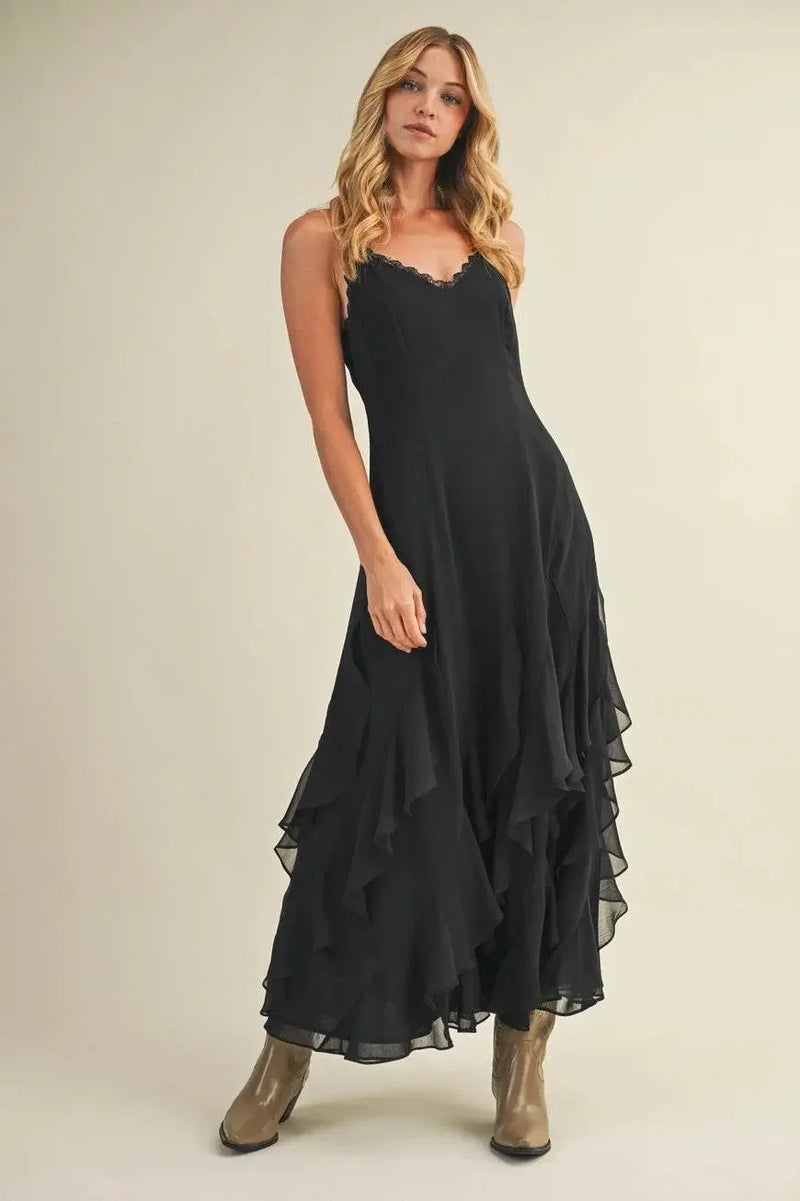 Lace V Neck Ruffled Cami Black Dress - IVORYNN