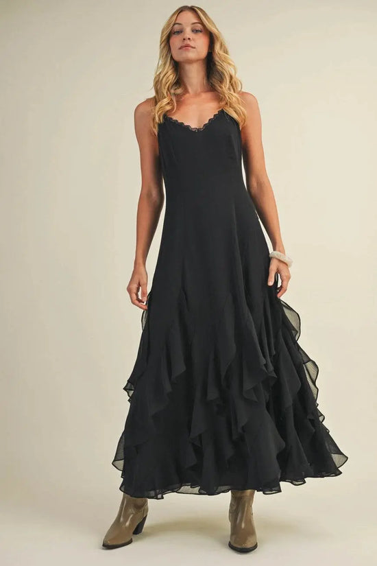 Lace V Neck Ruffled Cami Black Dress - IVORYNN