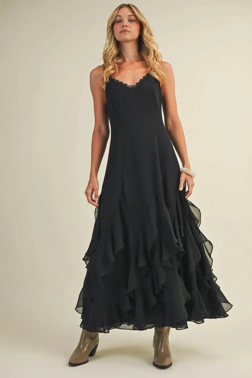 Lace V Neck Ruffled Cami Black Dress - IVORYNN