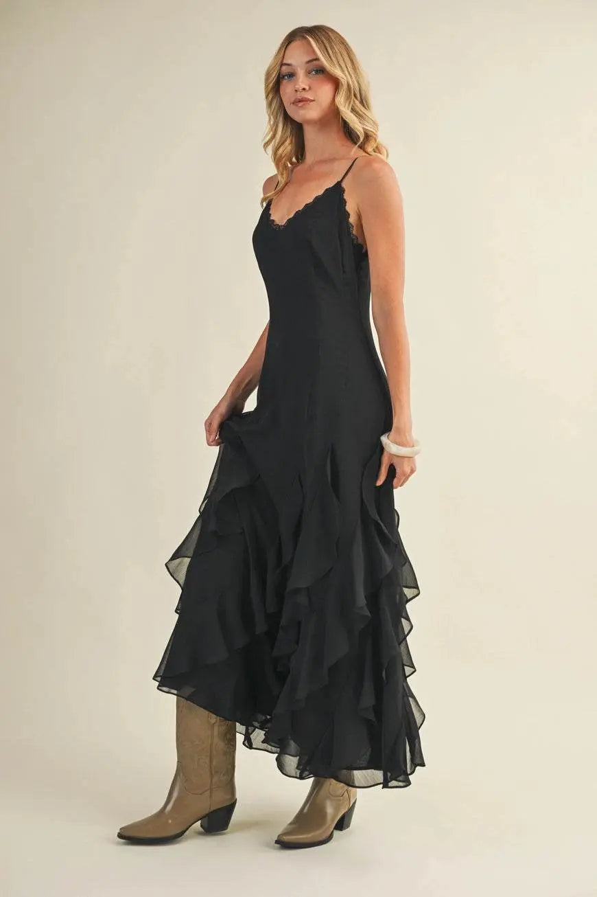 Lace V Neck Ruffled Cami Black Dress - IVORYNN