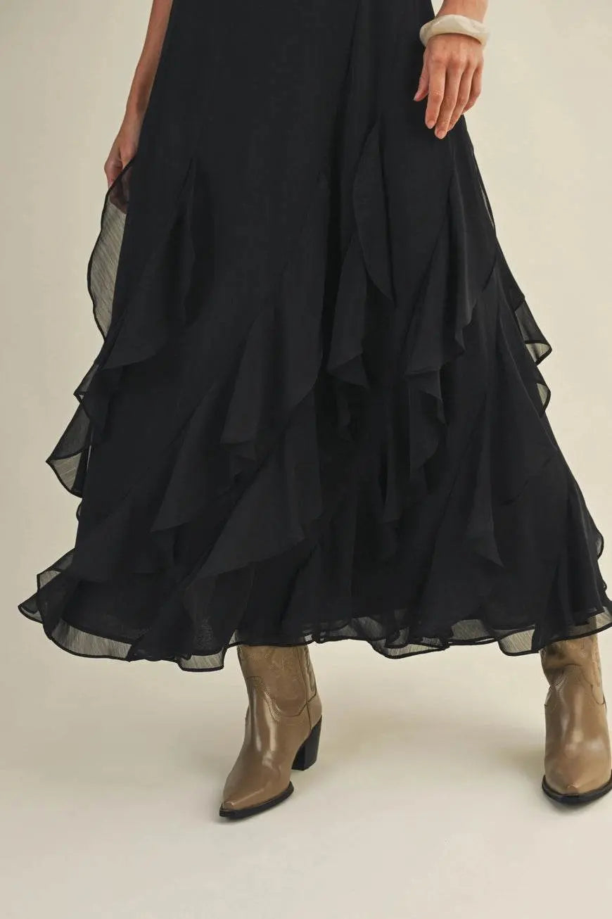 Lace V Neck Ruffled Cami Black Dress - IVORYNN