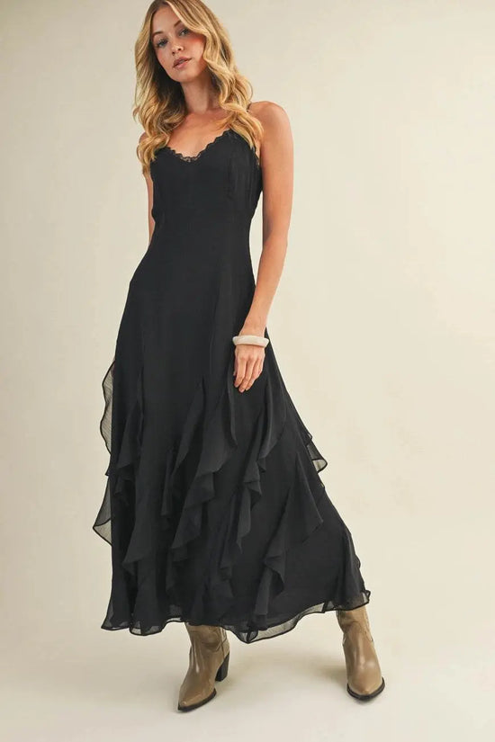Lace V Neck Ruffled Cami Black Dress - IVORYNN