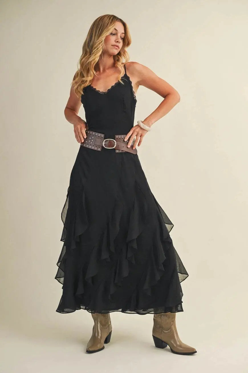 Lace V Neck Ruffled Cami Black Dress - IVORYNN