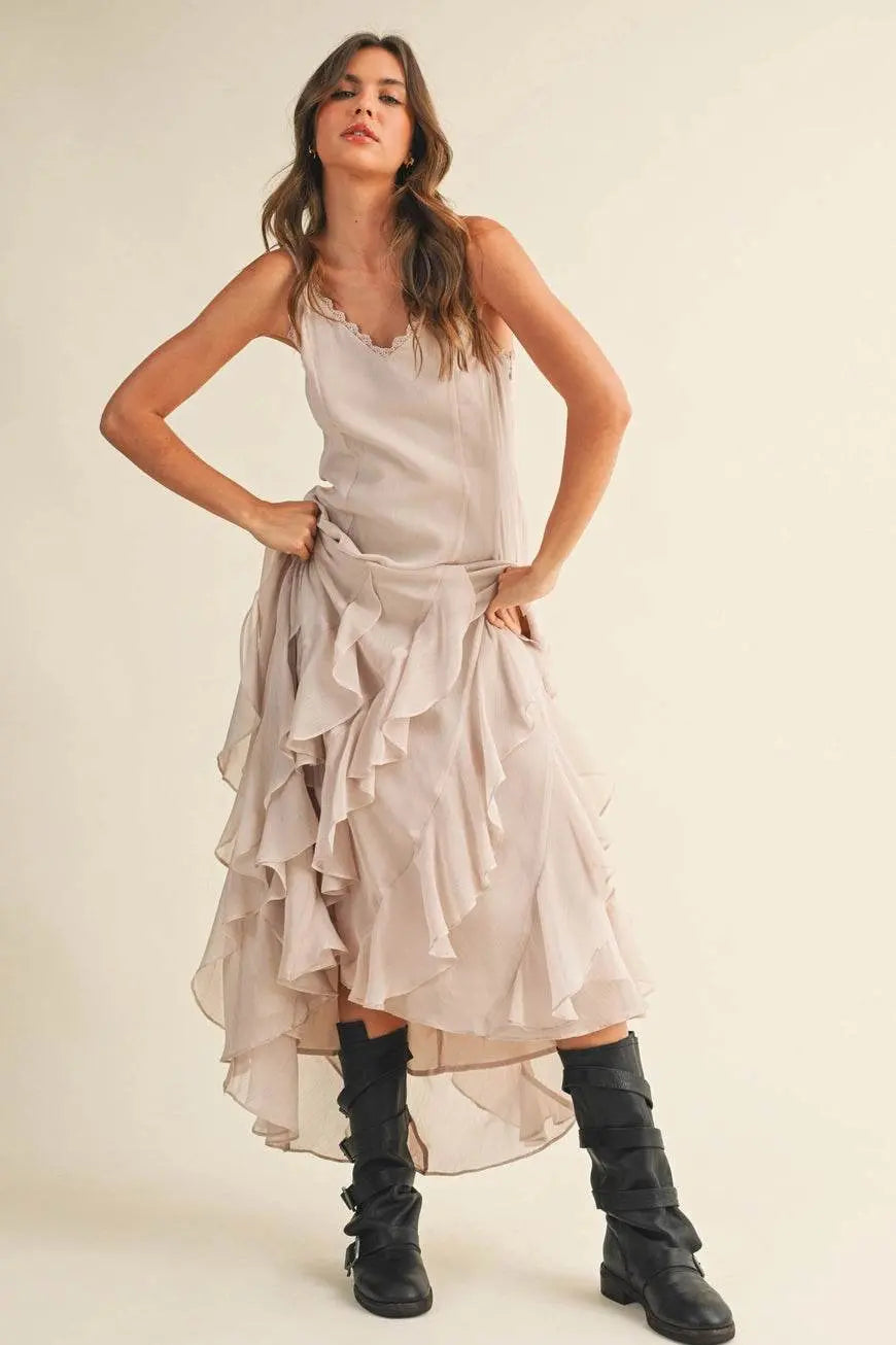Lace V Neck Ruffled Cami Cream Dress - IVORYNN