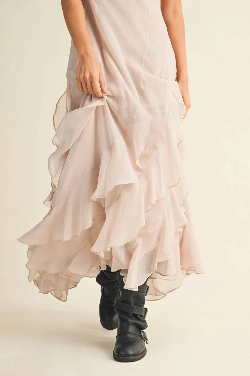 Lace V Neck Ruffled Cami Cream Dress - IVORYNN