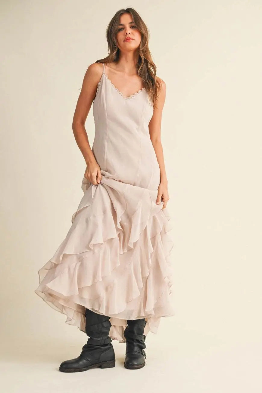 Lace V Neck Ruffled Cami Cream Dress - IVORYNN