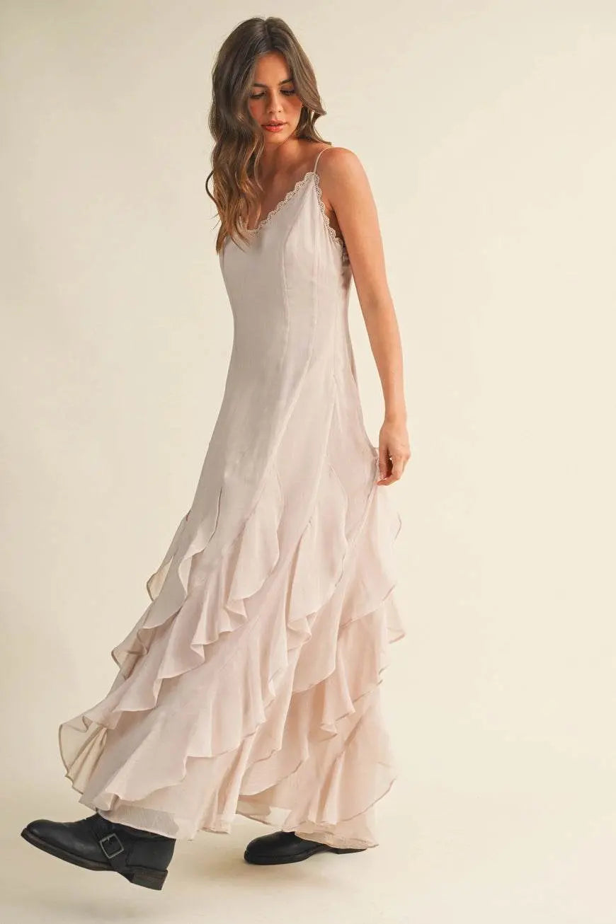 Lace V Neck Ruffled Cami Cream Dress - IVORYNN