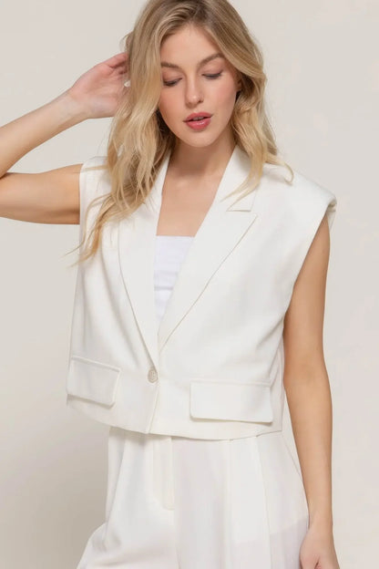 Lapel Collar W shoulder Pads White Vest - IVORYNN