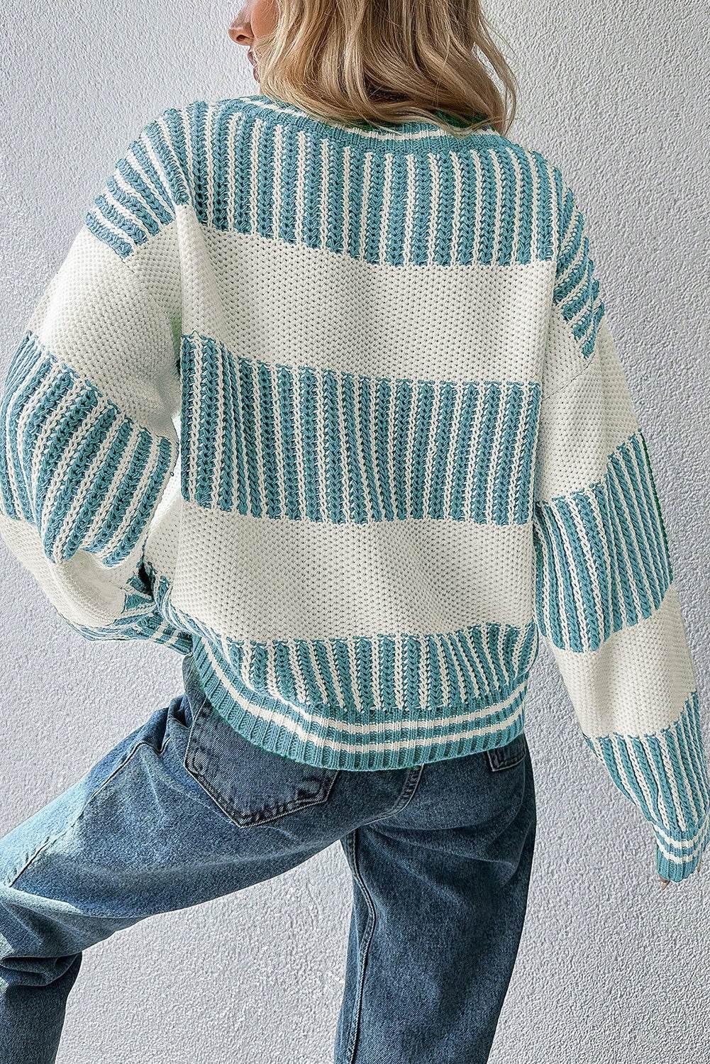 Light Blue Striped Patchwork Drop Shoulder Sweater - IVORYNN