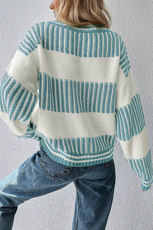 Light Blue Striped Patchwork Drop Shoulder Sweater