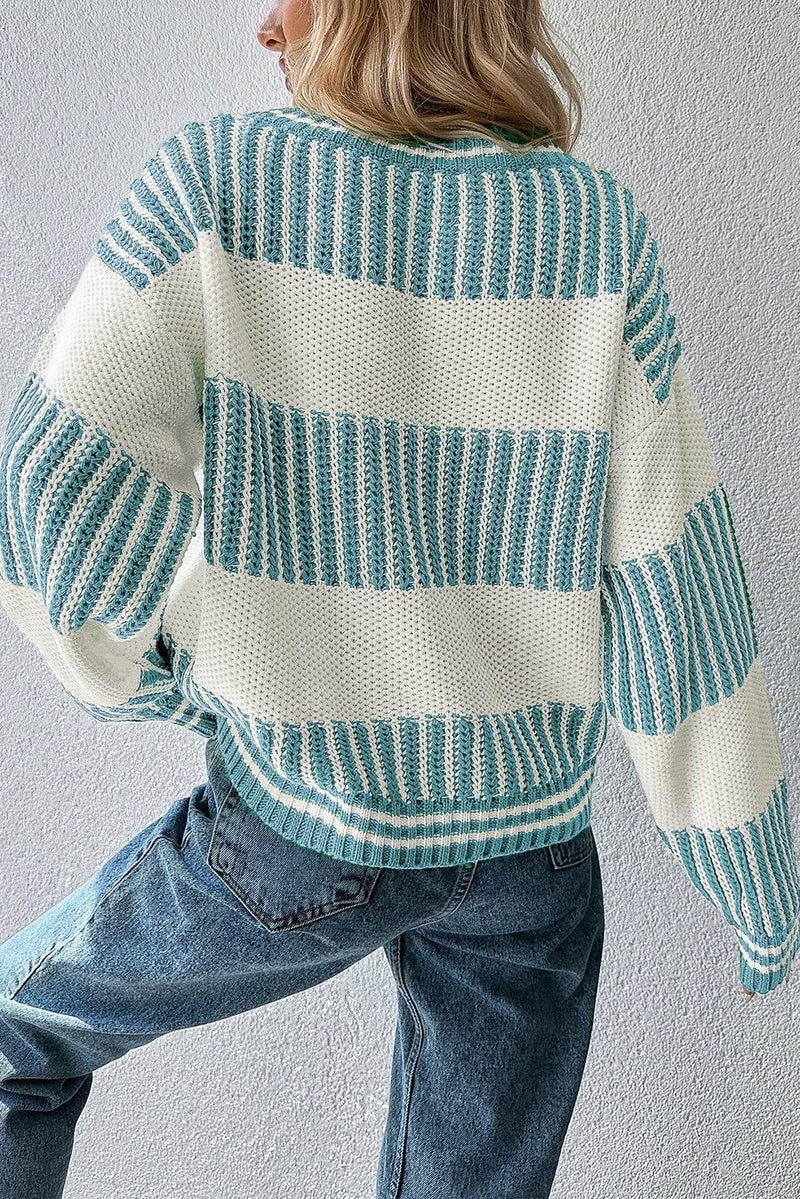 Light Blue Striped Patchwork Drop Shoulder Sweater - IVORYNN