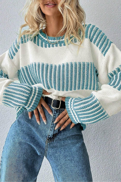 Light Blue Striped Patchwork Drop Shoulder Sweater - IVORYNN