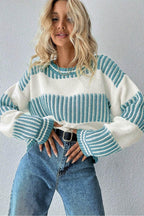 Light Blue Striped Patchwork Drop Shoulder Sweater - IVORYNN