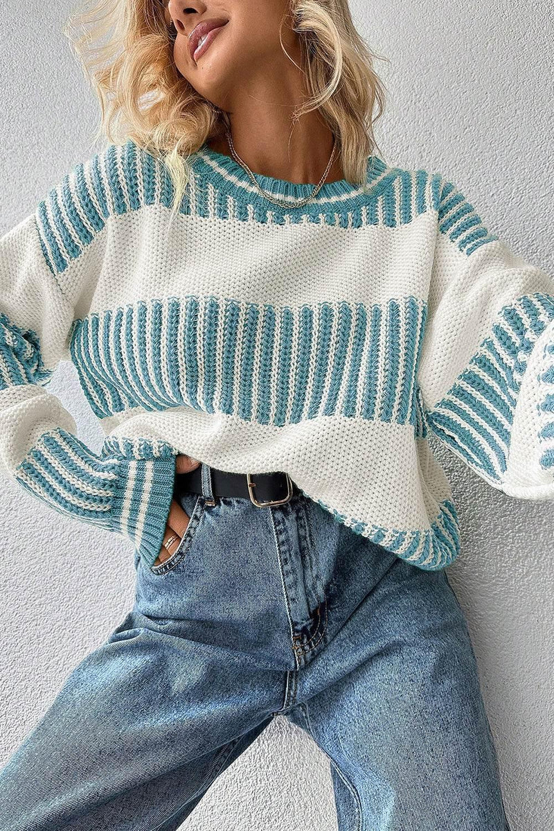 Light Blue Striped Patchwork Drop Shoulder Sweater - IVORYNN