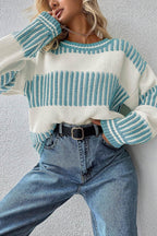 Light Blue Striped Patchwork Drop Shoulder Sweater - IVORYNN