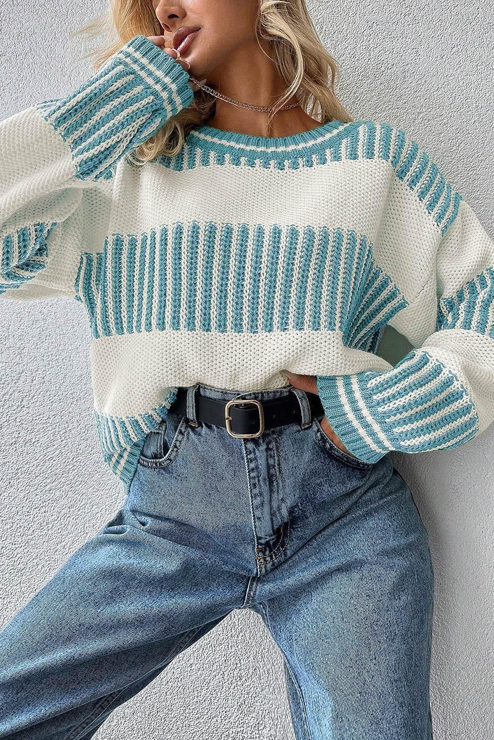 Light Blue Striped Patchwork Drop Shoulder Sweater - IVORYNN