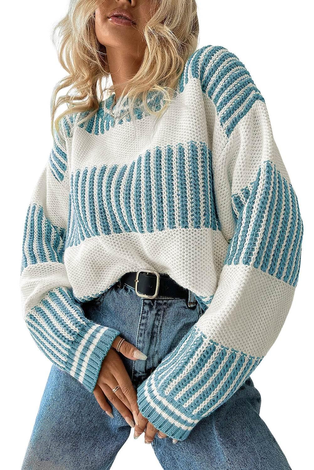 Light Blue Striped Patchwork Drop Shoulder Sweater - IVORYNN