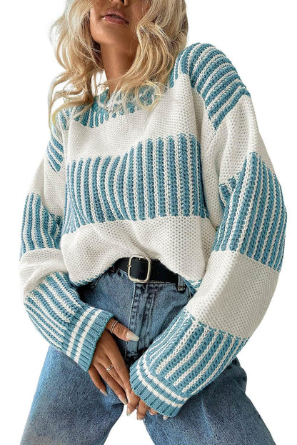 Light Blue Striped Patchwork Drop Shoulder Sweater - IVORYNN