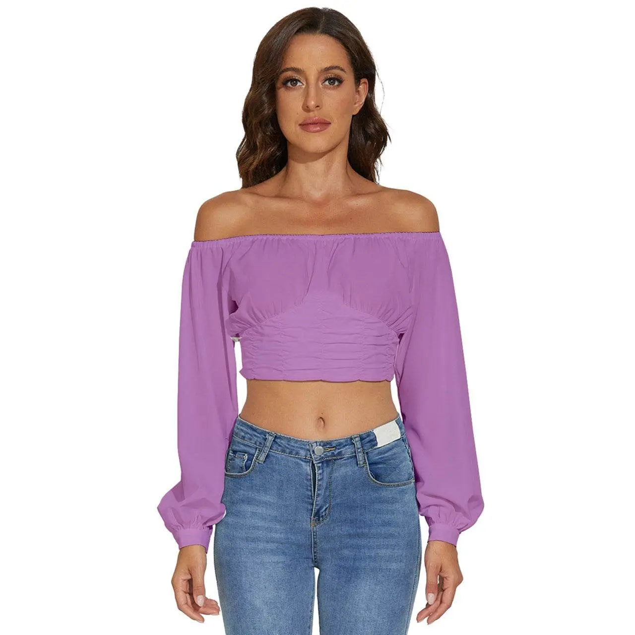 Long Sleeve Crinkled Weave Crop Top - Pearly Purple - IVORYNN