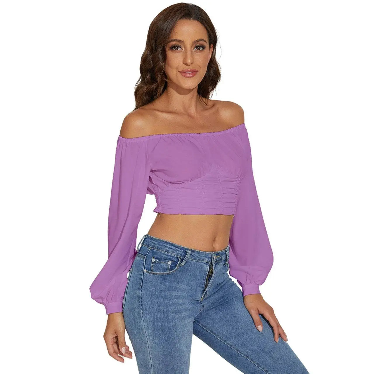 Long Sleeve Crinkled Weave Crop Top - Pearly Purple - IVORYNN