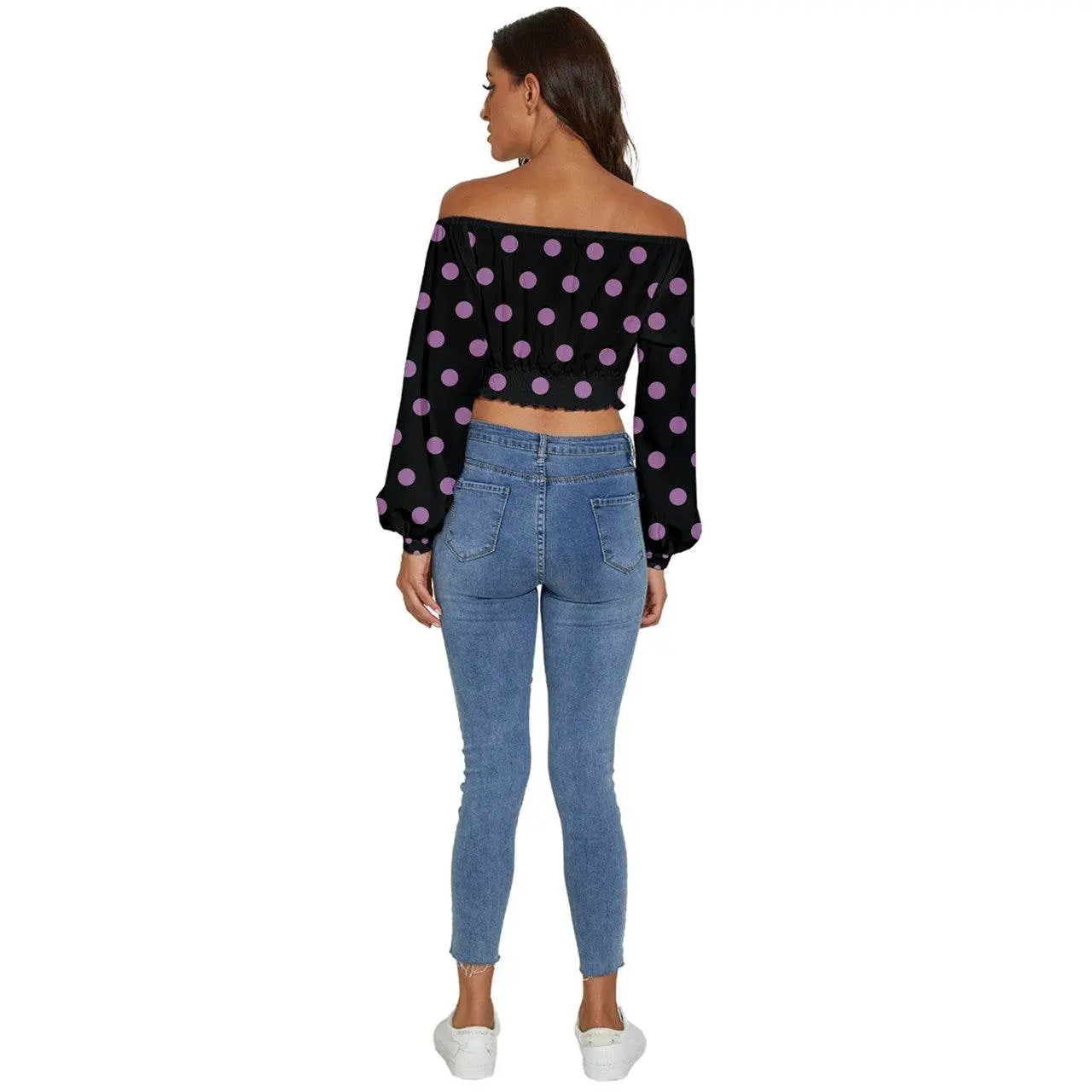 Long Sleeve Crinkled Weave Dots Black Crop Top - IVORYNN