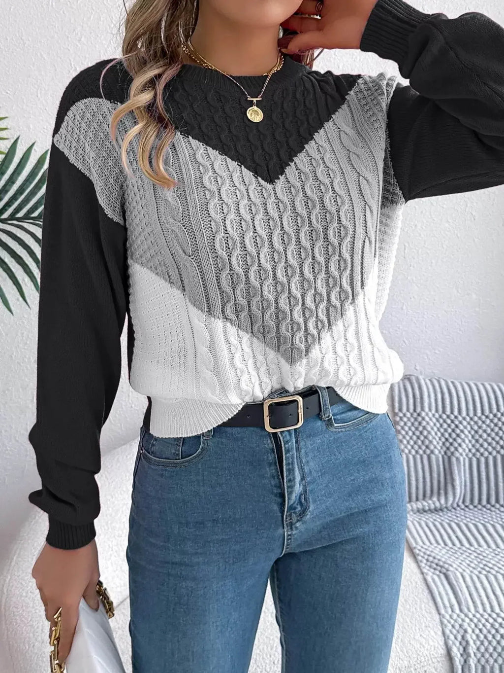 Long Sleeves Warm Cable Dark Gray Knit Sweater - IVORYNN