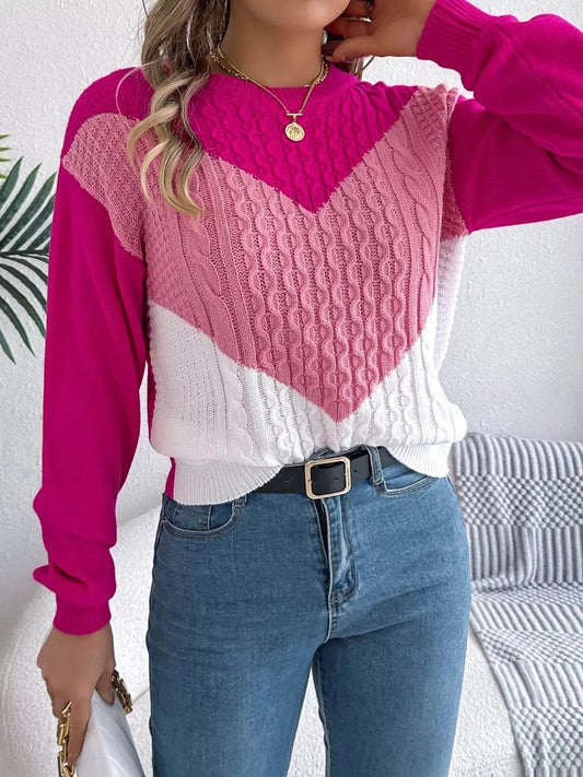 Long Sleeves Warm Cable Pink Knit Sweater