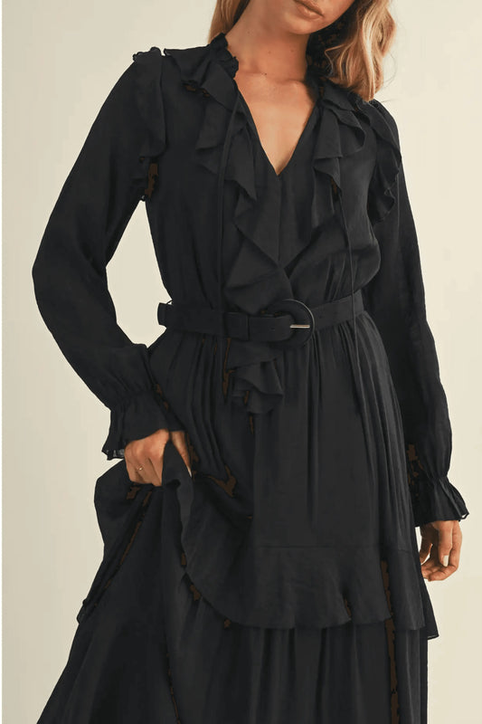 Luxury Belted Ruffled Long Black Dress