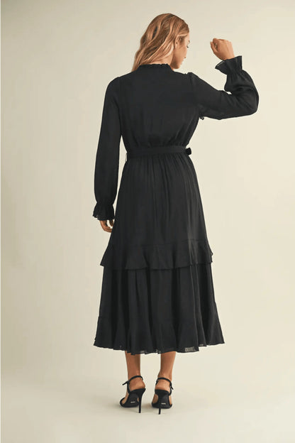 Luxury Belted Ruffled Long Black Dress - IVORYNN