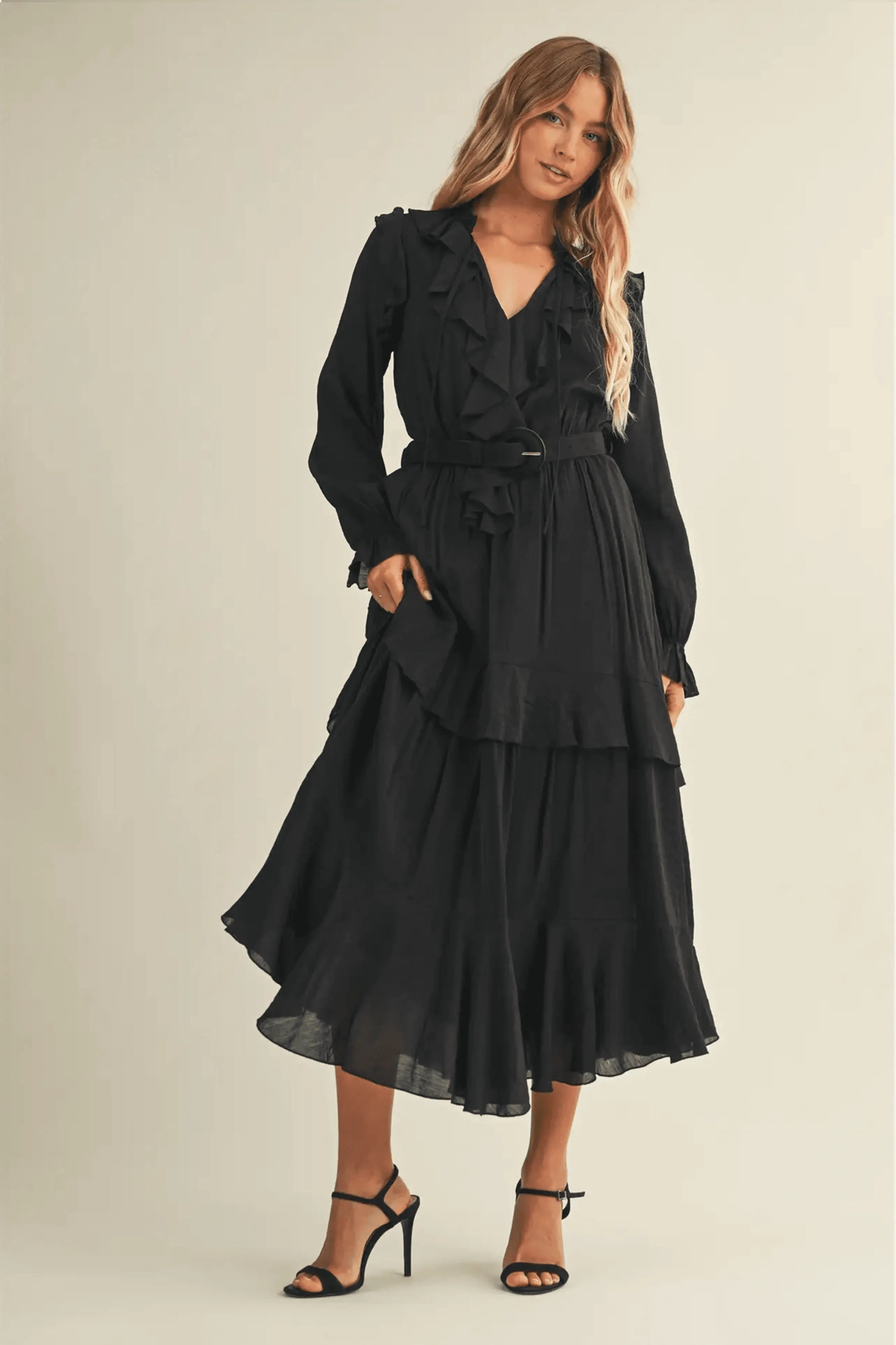 Luxury Belted Ruffled Long Black Dress - IVORYNN
