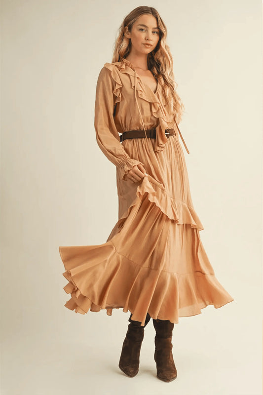Luxury Belted Ruffled Long Desert Dress