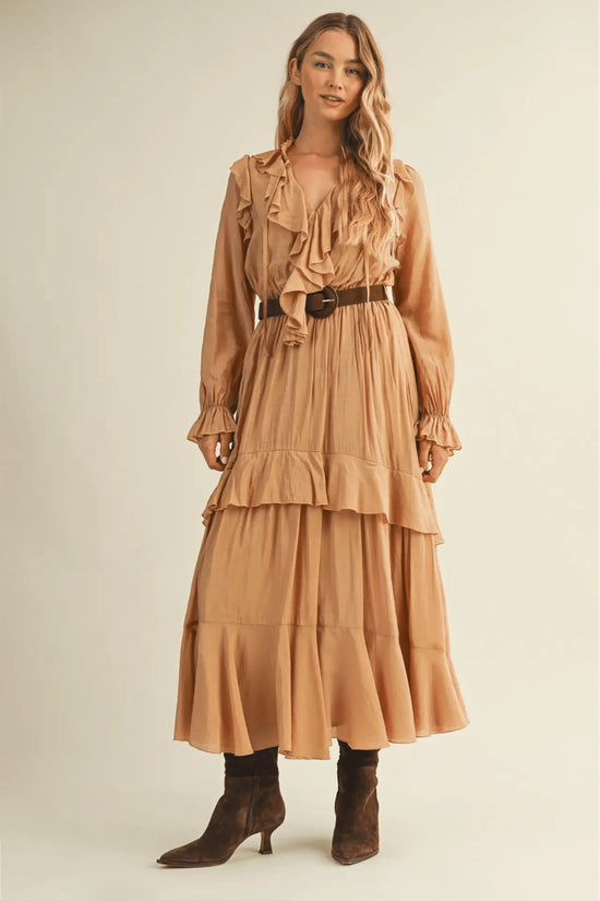 Luxury Belted Ruffled Long Desert Dress - IVORYNN