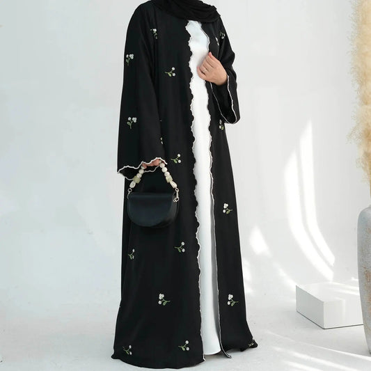 Luxury Flower Embroidery Modest Open Abaya