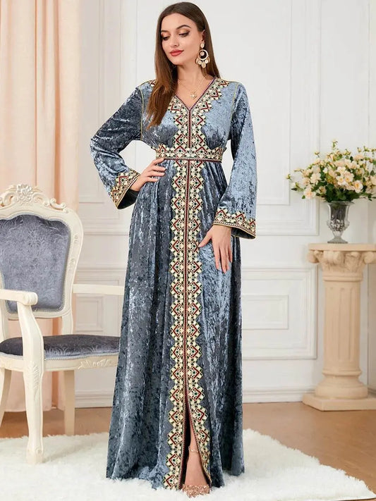 Luxury Gray Velvet Floral Weaving Moroccan Kaftan