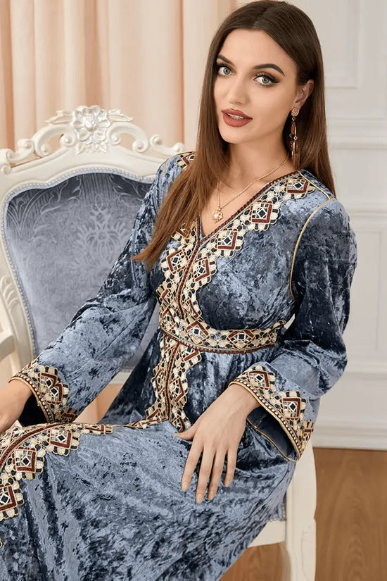 Luxury Gray Velvet Floral Weaving Moroccan Kaftan - IVORYNN