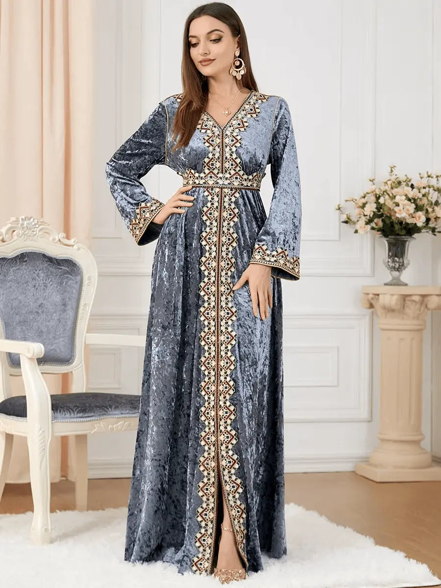 Luxury Gray Velvet Floral Weaving Moroccan Kaftan - IVORYNN