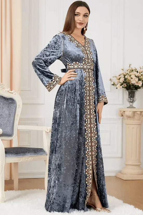 Luxury Gray Velvet Floral Weaving Moroccan Kaftan - IVORYNN