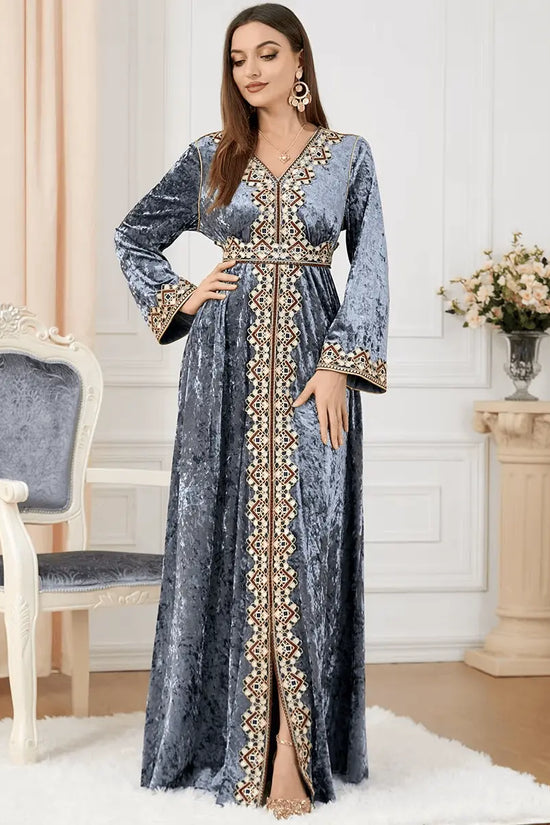 Luxury Gray Velvet Floral Weaving Moroccan Kaftan - IVORYNN