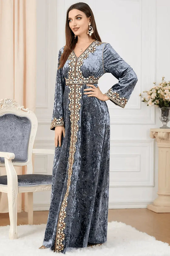 Luxury Gray Velvet Floral Weaving Moroccan Kaftan - IVORYNN
