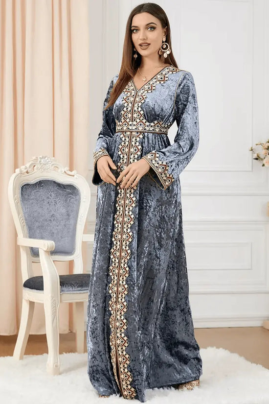 Luxury Gray Velvet Floral Weaving Moroccan Kaftan - IVORYNN