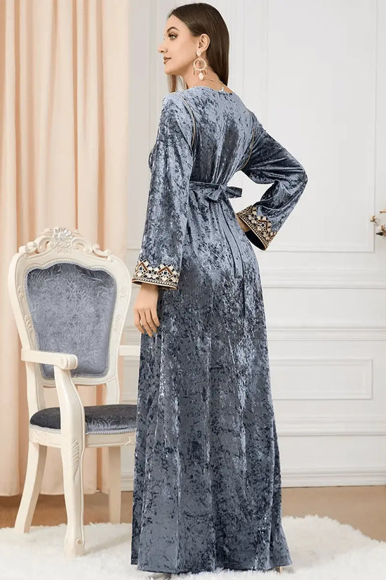 Luxury Gray Velvet Floral Weaving Moroccan Kaftan - IVORYNN
