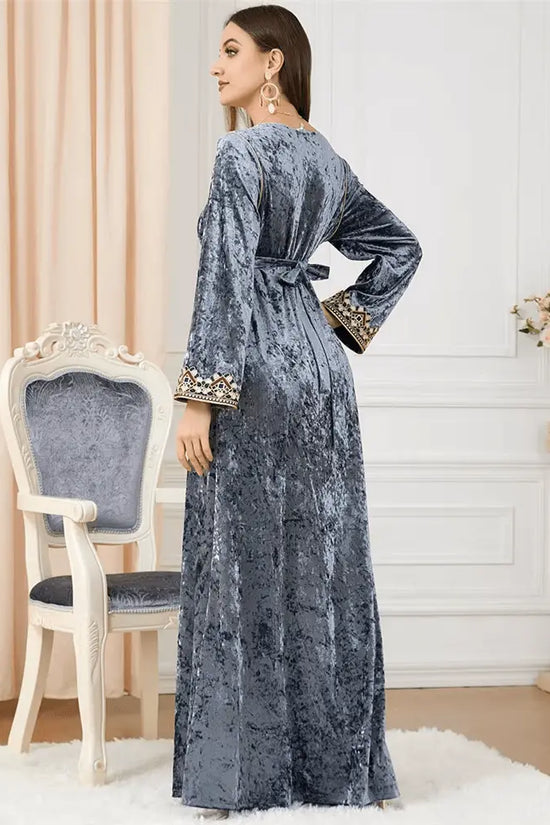 Luxury Gray Velvet Floral Weaving Moroccan Kaftan - IVORYNN