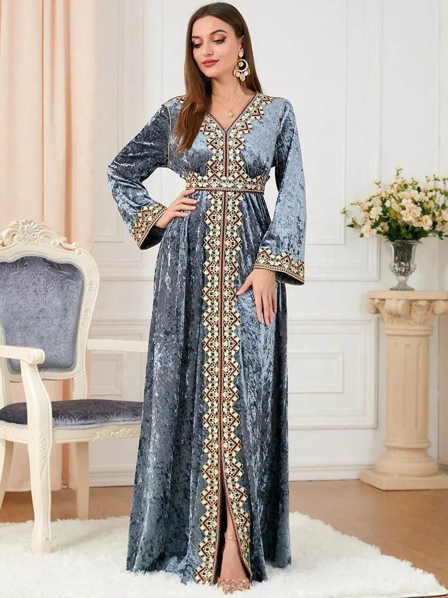 Luxury Gray Velvet Floral Weaving Moroccan Kaftan - IVORYNN