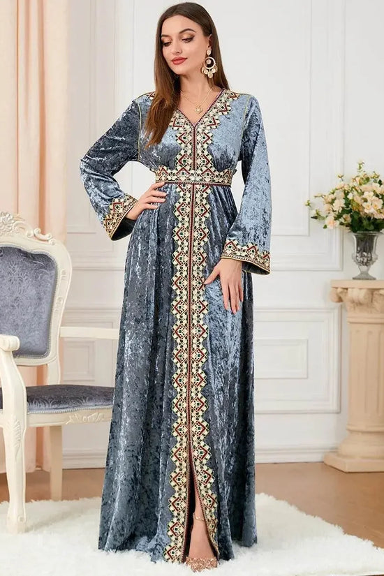 Luxury Gray Velvet Floral Weaving Moroccan Kaftan - IVORYNN